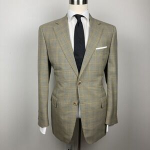 Samuelsohn Men's Sport Coat Blazer 41R Tan Cream Plaid Wool  2-Button Jacket